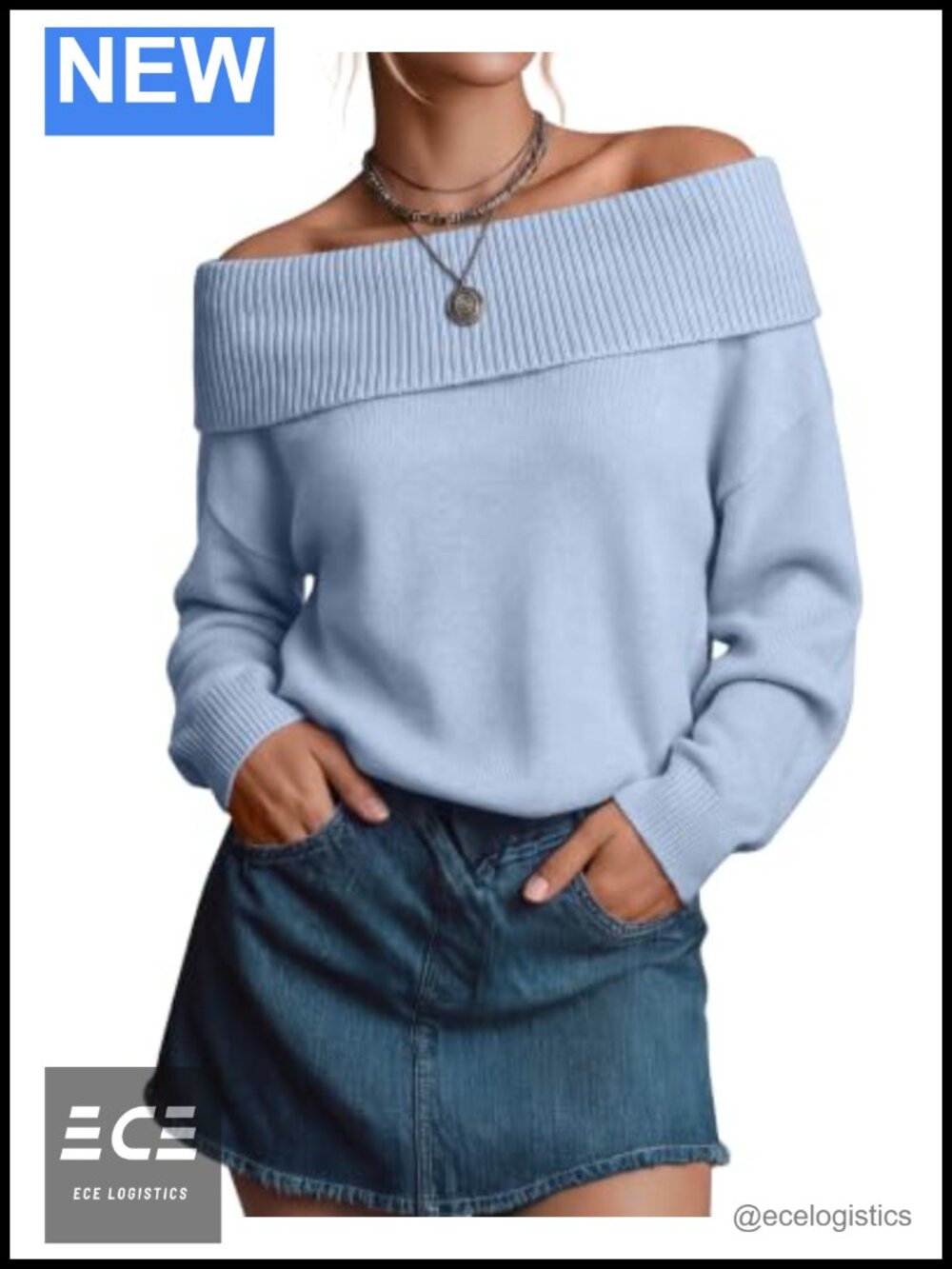 Women's Off the Shoulder Fold Over Collar Knit Sweater Pullover